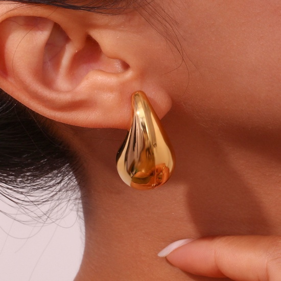 Immagine di Placcatura Sottovuoto Ecologica Minimalista Elegante 18K Vero Oro Placcato 316L Acciaio inossidabile Goccia Pera Vuoto Orecchini a Perno Per Donne Festa 3.1cm x 1.8cm, 1 Paio