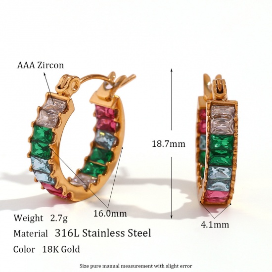 Picture of 1 Pair Vacuum Plating Exquisite Retro 18K Real Gold Plated Stainless Steel & Cubic Zirconia Hoop Earrings For Women Party 19mm x 16mm