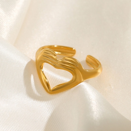 Picture of Eco-friendly Vacuum Plating Simple & Casual Ins Style 18K Gold Color 304 Stainless Steel Open Heart Rings For Women 17mm(US Size 6.5), 1 Piece