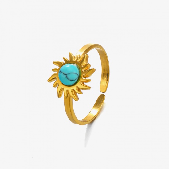 Immagine di Placcatura Sottovuoto Ecologica Retrò Stile Bohemien Placcato Oro 18K 304 Acciaio Inossidabile & Pietra Aperto Tondo Girasole Anello Per Donne Festa 17mm (taglia di US: 6.5), 1 Pz