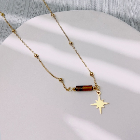 Picture of Eco-friendly Vacuum Plating Stylish Galaxy 18K Gold Plated 304 Stainless Steel & Stone Ball Chain Eight Pointed Star Pendant Necklace Unisex Party 40cm(15 6/8") long, 1 Piece