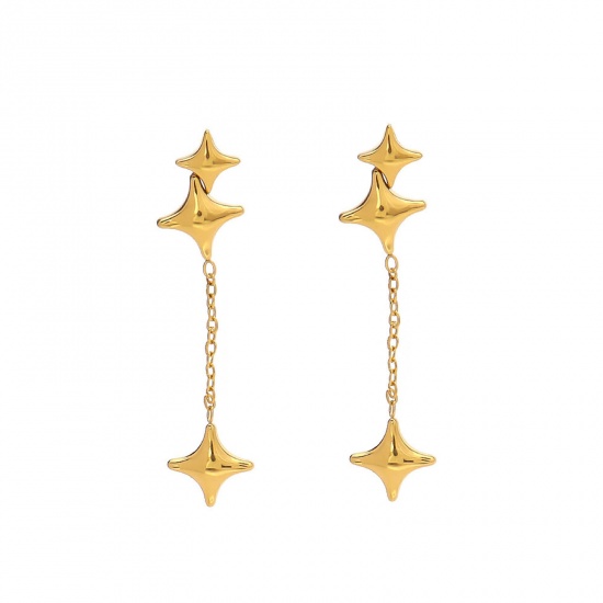 Picture of Eco-friendly Vacuum Plating Simple & Casual Stylish 14K Real Gold Plated 304 Stainless Steel Four-pointed star Tassel Earrings For Women Party 4cm x 0.9cm, 1 Pair