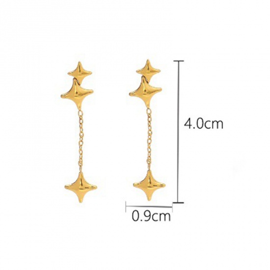 Picture of Eco-friendly Vacuum Plating Simple & Casual Stylish 14K Real Gold Plated 304 Stainless Steel Four-pointed star Tassel Earrings For Women Party 4cm x 0.9cm, 1 Pair