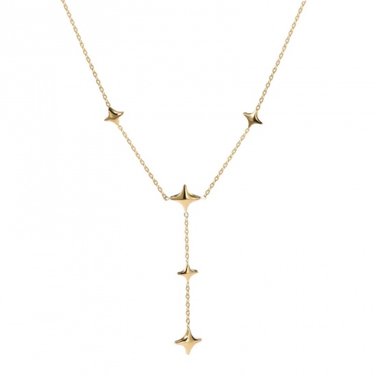 Picture of Eco-friendly Vacuum Plating Simple & Casual Stylish 14K Real Gold Plated 304 Stainless Steel Link Cable Chain Four-pointed star Y Shaped Lariat Necklace For Women Party 39cm(15 3/8") long, 1 Piece