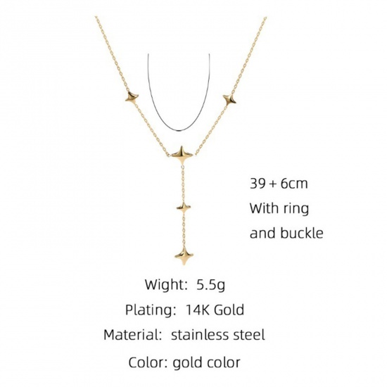 Picture of Eco-friendly Vacuum Plating Simple & Casual Stylish 14K Real Gold Plated 304 Stainless Steel Link Cable Chain Four-pointed star Y Shaped Lariat Necklace For Women Party 39cm(15 3/8") long, 1 Piece