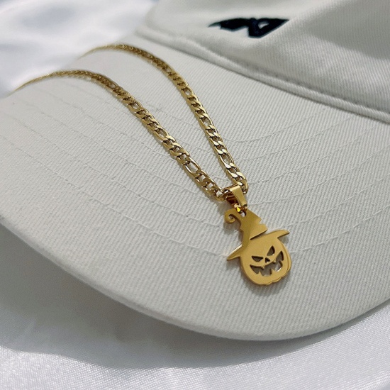 Bild von Umweltfreundliche Vakuumbeschichtung Einfach und lässig Stilvoll 18K Gold plattiert 304 Edelstahl Gliederkette Kette Kürbis Halloween-Skelett-Schädel Anhänger Halskette Unisex Party 40cm lang, 1 Strang