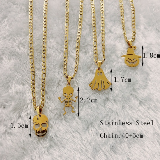 Bild von Umweltfreundliche Vakuumbeschichtung Einfach und lässig Stilvoll 18K Gold plattiert 304 Edelstahl Gliederkette Kette Kürbis Halloween-Skelett-Schädel Anhänger Halskette Unisex Party 40cm lang, 1 Strang