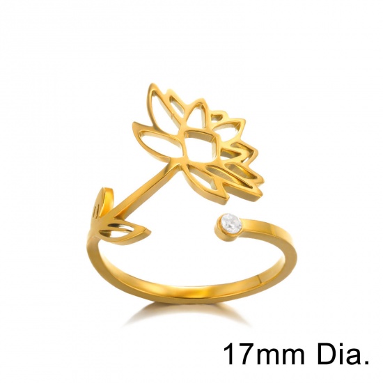 Picture of Eco-friendly Vacuum Plating Sweet & Cute Birth Month Flower 18K Gold Plated 304 Stainless Steel Open Adjustable Flower January Hollow Rings For Women Birthday 17mm(US Size 6.5), 1 Piece