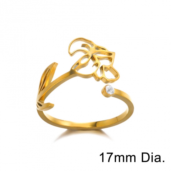 Picture of Eco-friendly Vacuum Plating Sweet & Cute Birth Month Flower 18K Gold Plated 304 Stainless Steel Open Adjustable Flower February Hollow Rings For Women Birthday 17mm(US Size 6.5), 1 Piece
