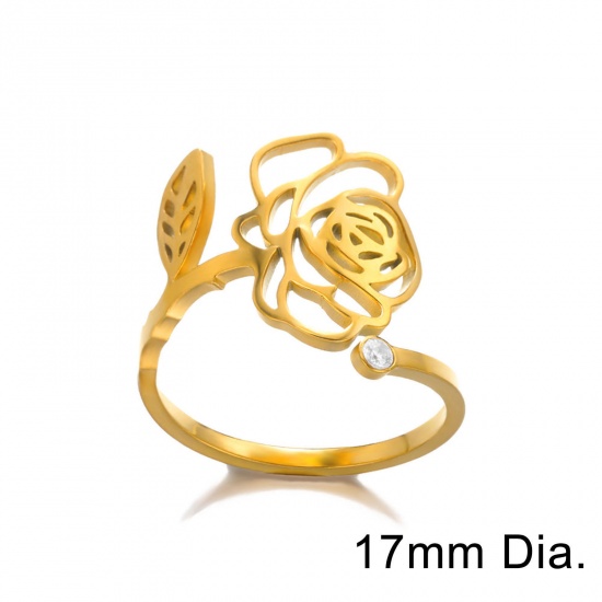 Picture of Eco-friendly Vacuum Plating Sweet & Cute Birth Month Flower 18K Gold Plated 304 Stainless Steel Open Adjustable Flower April Hollow Rings For Women Birthday 17mm(US Size 6.5), 1 Piece