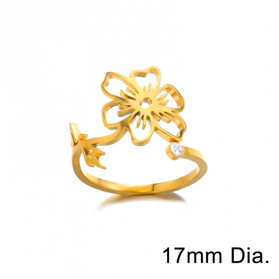 Picture of Eco-friendly Vacuum Plating Sweet & Cute Birth Month Flower 18K Gold Plated 304 Stainless Steel Open Adjustable Flower July Hollow Rings For Women Birthday 17mm(US Size 6.5), 1 Piece