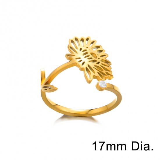 Picture of Eco-friendly Vacuum Plating Sweet & Cute Birth Month Flower 18K Gold Plated 304 Stainless Steel Open Adjustable Flower October Hollow Rings For Women Birthday 17mm(US Size 6.5), 1 Piece