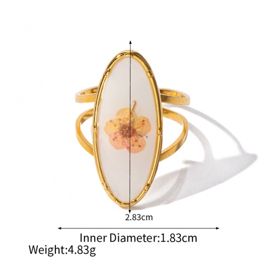 Picture of Eco-friendly Vacuum Plating Stylish Handmade Resin Jewelry Real Flower 18K Real Gold Plated 304 Stainless Steel & Resin Open Oval Flower Rings For Women Party 18mm(US Size 7.75), 1 Piece