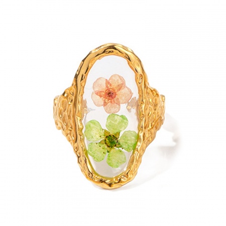 Picture of Wholesale Women's Gift Oval Flower Open Rings, 18K Real Gold Plated 304 Stainless Steel & Resin, Eco-friendly Vacuum Plating Handmade Resin Jewelry Real Flower Stylish Jewelry Supply, 18mm(US Size 7.75), 1 Piece