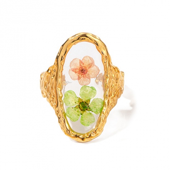 Picture of Eco-friendly Vacuum Plating Stylish Handmade Resin Jewelry Real Flower 18K Real Gold Plated 304 Stainless Steel & Resin Open Oval Flower Rings For Women Party 18mm(US Size 7.75), 1 Piece