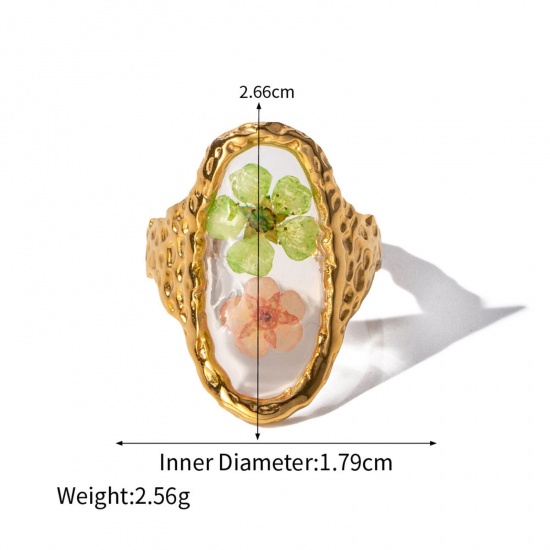 Picture of Eco-friendly Vacuum Plating Stylish Handmade Resin Jewelry Real Flower 18K Real Gold Plated 304 Stainless Steel & Resin Open Oval Flower Rings For Women Party 18mm(US Size 7.75), 1 Piece
