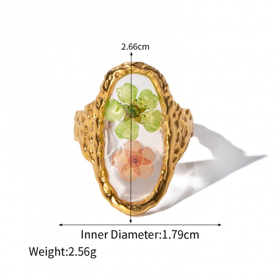 Immagine di Placcatura Sottovuoto Ecologica Elegante Gioielli in Resina Fiore Handmade Reale 18K Oro riempito 304 Acciaio Inossidabile & Resina Aperto Ovale Fiore Anello Per Donne Festa 18mm (taglia di US: 7.75), 1 Pz