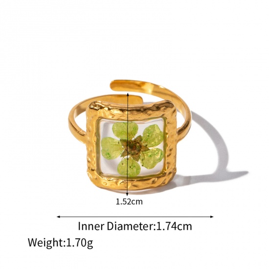 Picture of Eco-friendly Vacuum Plating Stylish Handmade Resin Jewelry Real Flower 18K Real Gold Plated 304 Stainless Steel & Resin Open Square Flower Rings For Women Party 17mm(US Size 6.5), 1 Piece