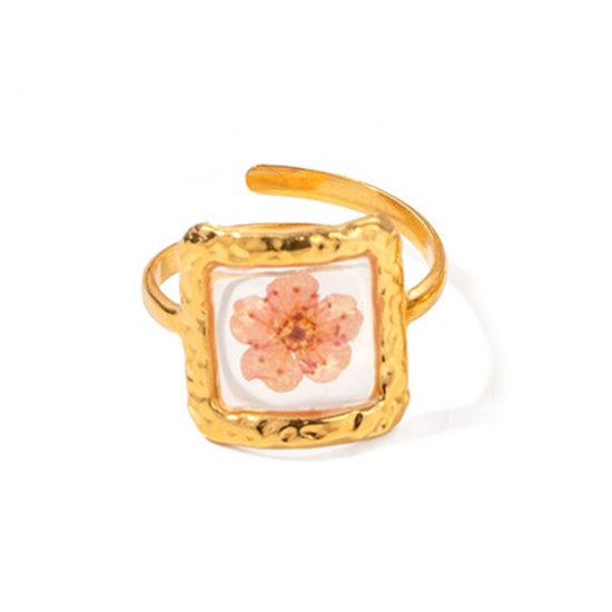 Picture of Eco-friendly Vacuum Plating Stylish Handmade Resin Jewelry Real Flower 18K Real Gold Plated 304 Stainless Steel & Resin Open Square Flower Rings For Women Party 17mm(US Size 6.5), 1 Piece