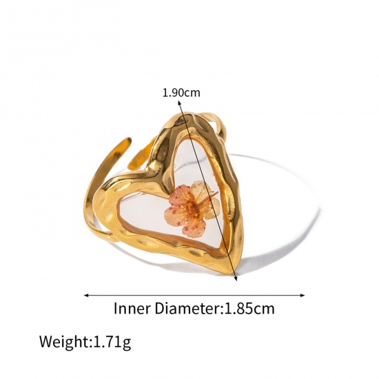 Picture of Eco-friendly Vacuum Plating Stylish Handmade Resin Jewelry Real Flower 18K Real Gold Plated 304 Stainless Steel & Resin Open Heart Flower Rings For Women Party 18mm(US Size 7.75), 1 Piece