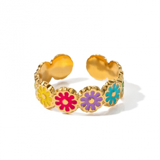 Picture of Eco-friendly Vacuum Plating Natural Pastoral Stylish 18K Real Gold Plated Multicolor 304 Stainless Steel Open Daisy Flower Enamel Rings For Women Anniversary 17mm(US Size 6.5), 1 Piece