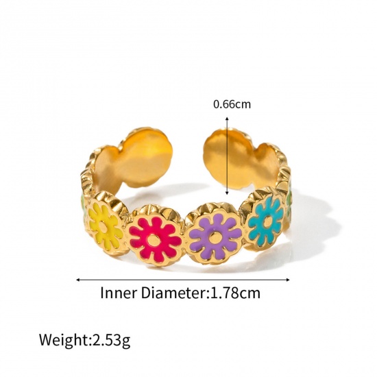 Picture of Eco-friendly Vacuum Plating Natural Pastoral Stylish 18K Real Gold Plated Multicolor 304 Stainless Steel Open Daisy Flower Enamel Rings For Women Anniversary 17mm(US Size 6.5), 1 Piece
