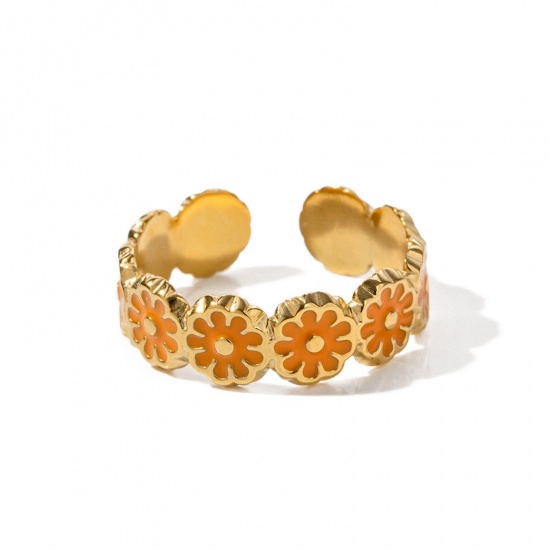 Imagen de Mujeres Regalo Margarita Naranja Esmalte Abierto Anillos Al Por Mayor, 18K Oro Real Chapado 304 Acero Inoxidable, Enchapado al Vacío Ecológico Elegante Pastoral Natural Suministro de Joyería, 17mm (US size 6.5), 1 Unidad