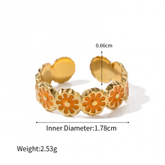 Imagen de Mujeres Regalo Margarita Naranja Esmalte Abierto Anillos Al Por Mayor, 18K Oro Real Chapado 304 Acero Inoxidable, Enchapado al Vacío Ecológico Elegante Pastoral Natural Suministro de Joyería, 17mm (US size 6.5), 1 Unidad