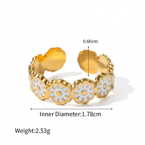 Picture of Eco-friendly Vacuum Plating Natural Pastoral Stylish 18K Real Gold Plated White 304 Stainless Steel Open Daisy Flower Enamel Rings For Women Anniversary 17mm(US Size 6.5), 1 Piece