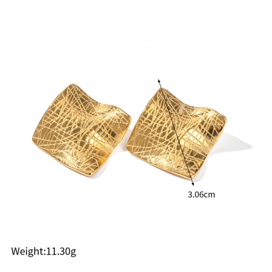 Picture of Eco-friendly Vacuum Plating Simple & Casual Retro 18K Real Gold Plated 304 Stainless Steel Square Ear Post Stud Earrings For Women Party 3cm, 1 Pair