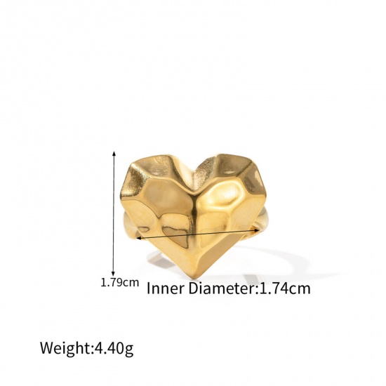 Picture of Eco-friendly Vacuum Plating Simple & Casual Hammered 18K Real Gold Plated 304 Stainless Steel Open Heart Rings For Women Party 17mm(US Size 6.5), 1 Pair