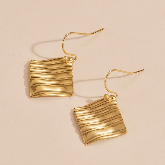 Picture of Eco-friendly Vacuum Plating Simple & Casual Retro 18K Gold Plated 304 Stainless Steel Square Streak Earrings For Women Party 4cm x 2cm, 1 Pair