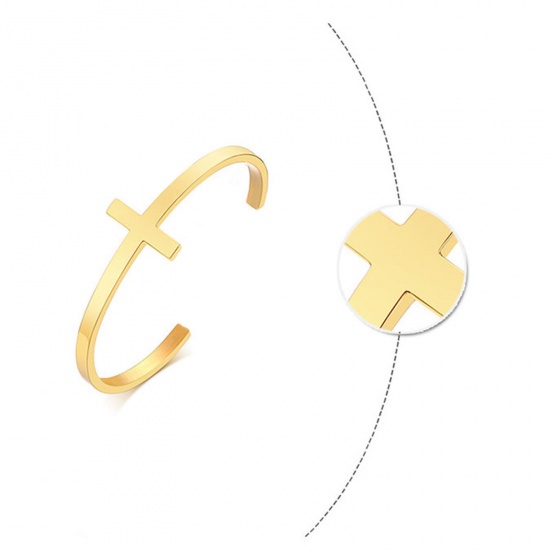 Picture of Eco-friendly Vacuum Plating Stylish Simple 18K Gold Color 304 Stainless Steel Cross Open Bangles Bracelets For Women Party 6cm Dia., 1 Piece