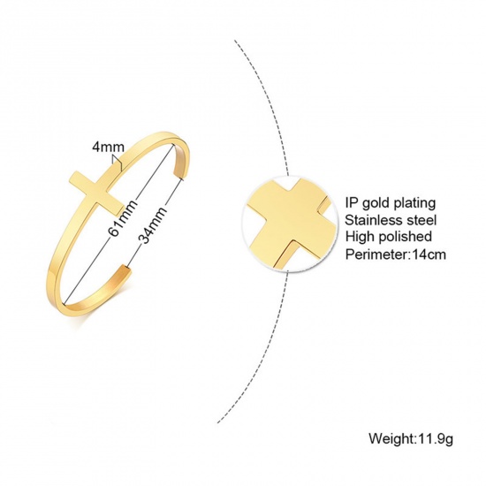 Picture of Eco-friendly Vacuum Plating Stylish Simple 18K Gold Color 304 Stainless Steel Cross Open Bangles Bracelets For Women Party 6cm Dia., 1 Piece