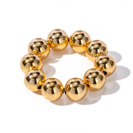 Picture of Eco-friendly Vacuum Plating Stylish Simple 18K Real Gold Plated Brass Elastic Stretch Ball Beaded Rings For Women 18mm(US Size 7.75), 1 Piece