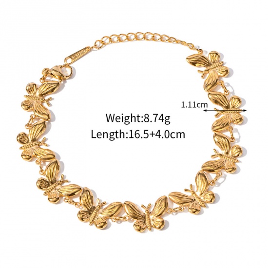 Picture of Eco-friendly Vacuum Plating Stylish Retro 18K Real Gold Plated 304 Stainless Steel Butterfly Animal Bracelets For Women Party 16cm(6 2/8") long, 1 Piece