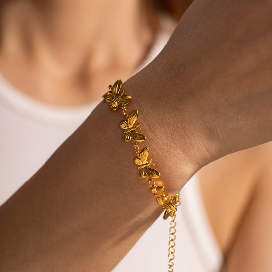 Immagine di Placcatura Sottovuoto Ecologica Elegante Retrò 18K Oro riempito 304 Acciaio Inossidabile Farfalla Braccialetti Per Donne Festa 16cm Lunghezza, 1 Pz