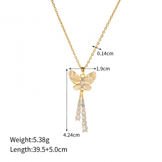 Picture of Eco-friendly Vacuum Plating Stylish Stylish 18K Real Gold Plated 304 Stainless Steel & Cubic Zirconia Curb Link Chain Tassel Butterfly Pendant Necklace For Women Party 39cm(15 3/8") long, 1 Piece