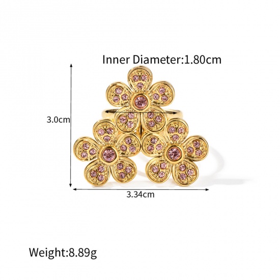 Picture of Eco-friendly Vacuum Plating Stylish Retro 18K Real Gold Plated 304 Stainless Steel Open Flower Rings For Women Party 18mm(US Size 7.75), 1 Piece