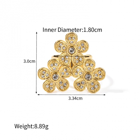 Picture of Eco-friendly Vacuum Plating Stylish Retro 18K Real Gold Plated 304 Stainless Steel Open Flower Rings For Women Party 18mm(US Size 7.75), 1 Piece