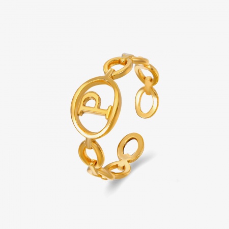 Picture of Wholesale Women's Gift Capital Alphabet Initial Letter Message " P " Hollow Open Adjustable Rings, 18K Gold Plated 304 Stainless Steel, Eco-friendly Vacuum Plating Simple Stylish Jewelry Supply, 17mm(US Size 6.5), 1 Piece