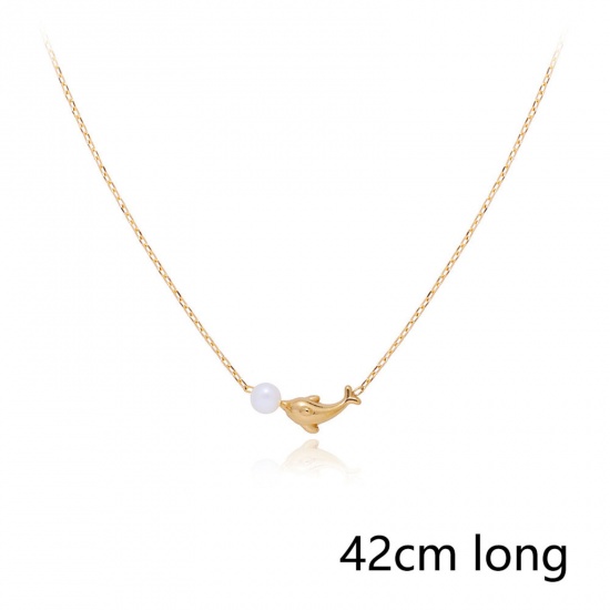 Picture of Eco-friendly Vacuum Plating Sweet & Cute Stylish 18K Real Gold Plated 304 Stainless Steel & Natural Pearl Link Cable Chain Dolphin Animal Pendant Necklace For Women Party 42cm(16 4/8") long, 1 Piece