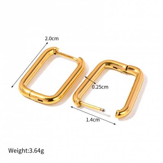 Picture of 1 Pair Vacuum Plating Simple & Casual Simple 18K Real Gold Plated 304 Stainless Steel Rectangle Hoop Earrings For Women Party 2cm x 1.4cm