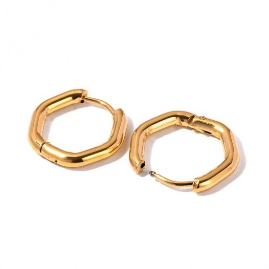 Picture of 1 Pair Vacuum Plating Simple & Casual Simple 18K Real Gold Plated 304 Stainless Steel Polygon Hoop Earrings For Women Party 17mm x 16mm