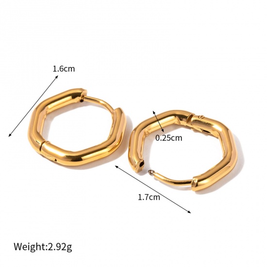 Picture of 1 Pair Vacuum Plating Simple & Casual Simple 18K Real Gold Plated 304 Stainless Steel Polygon Hoop Earrings For Women Party 17mm x 16mm