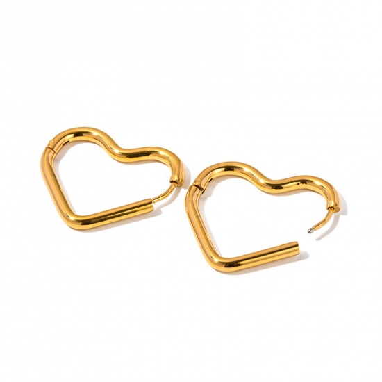 Picture of 1 Pair Vacuum Plating Simple & Casual Simple 18K Real Gold Plated 304 Stainless Steel Heart Hoop Earrings For Women Party 2.3cm