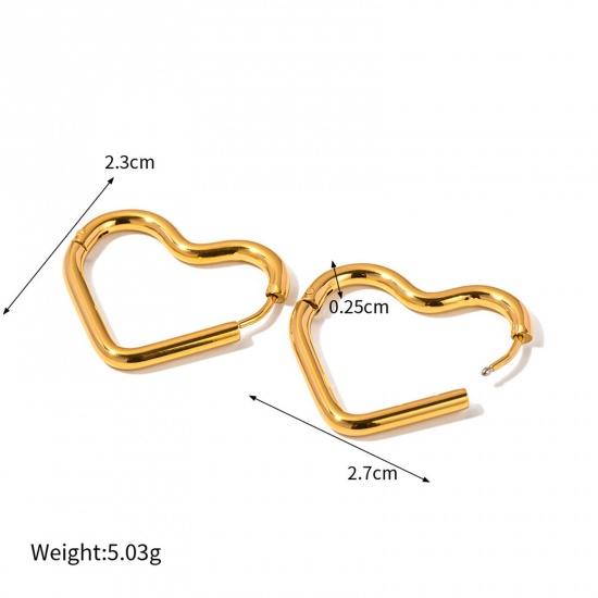 Picture of 1 Pair Vacuum Plating Simple & Casual Simple 18K Real Gold Plated 304 Stainless Steel Heart Hoop Earrings For Women Party 2.3cm