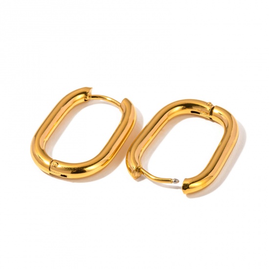 Picture of 1 Pair Vacuum Plating Simple & Casual Simple 18K Real Gold Plated 304 Stainless Steel Oval Hoop Earrings For Women Party 24mm x 17mm