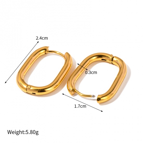 Picture of 1 Pair Vacuum Plating Simple & Casual Simple 18K Real Gold Plated 304 Stainless Steel Oval Hoop Earrings For Women Party 24mm x 17mm