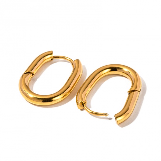 Picture of 1 Pair Vacuum Plating Simple & Casual Simple 18K Real Gold Plated 304 Stainless Steel Oval Hoop Earrings For Women Party 2cm x 1.6cm